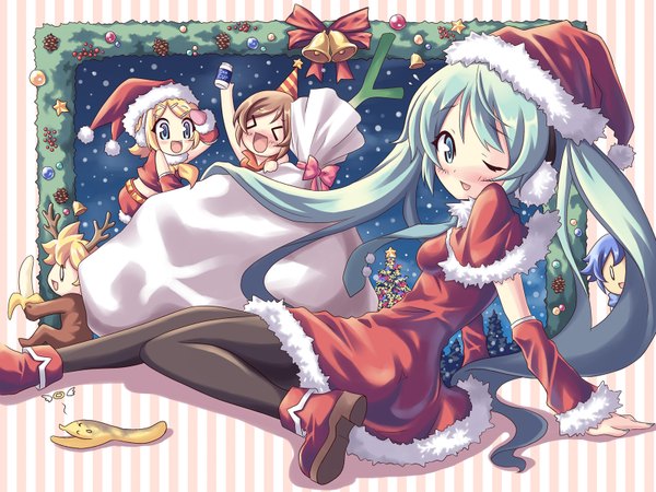 Anime picture 1600x1200 with vocaloid hatsune miku kagamine rin kagamine len kaito (vocaloid) meiko dekosuke long hair twintails green eyes one eye closed green hair wink fur trim christmas girl hat fur santa claus costume