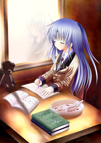 Anime picture 2150x3035 with angel beats! key (studio) tachibana kanade kotsu (artist) single long hair tall image highres purple hair eyes closed light reflection writing girl uniform school uniform window book (books) toy stuffed animal