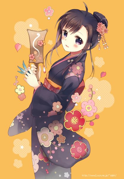 Anime picture 1044x1500 with original takeda mika single long hair tall image blush open mouth black hair purple eyes traditional clothes japanese clothes hair bun (hair buns) floral print girl flower (flowers) kimono