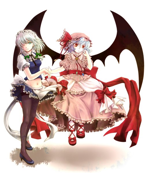 Anime picture 1300x1500 with touhou remilia scarlet izayoi sakuya socha tall image fringe short hair simple background red eyes white background multiple girls green eyes blue hair braid (braids) hair over one eye twin braids holding hands bat wings girl navel