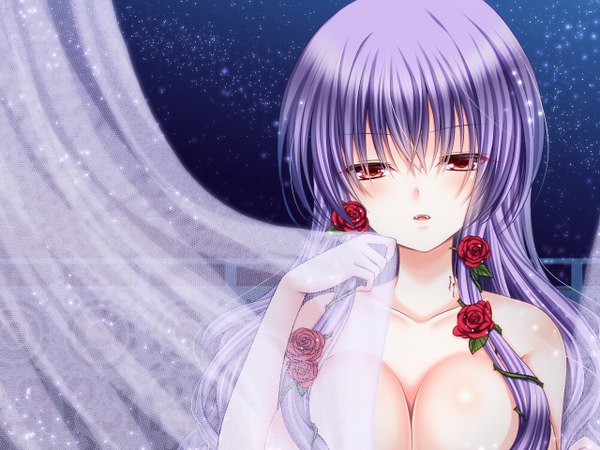 Anime picture 1280x960 with asazuki kanai single long hair breasts open mouth light erotic red eyes purple hair hair flower girl hair ornament rose (roses)