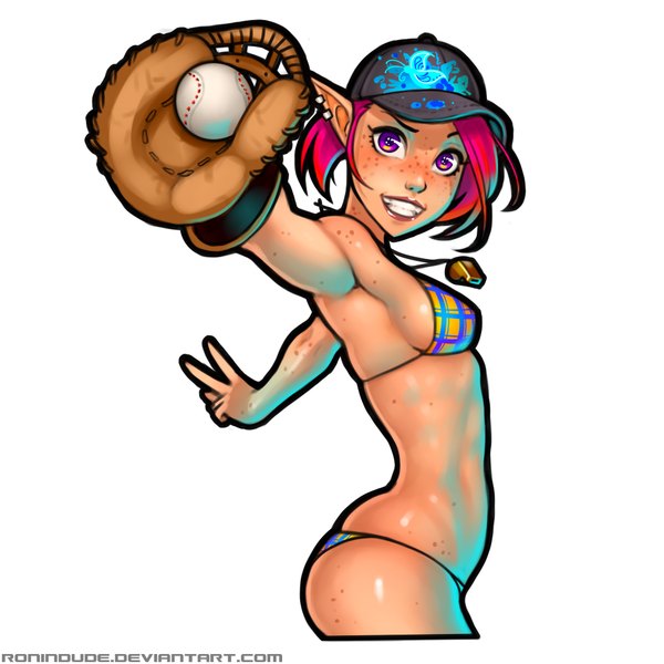 Anime picture 1000x1000 with ronin dude (ray cornwell) single looking at viewer short hair breasts light erotic simple background smile white background purple eyes red hair pointy ears armpit (armpits) freckles girl swimsuit bikini whistle baseball (ball) baseball mitt