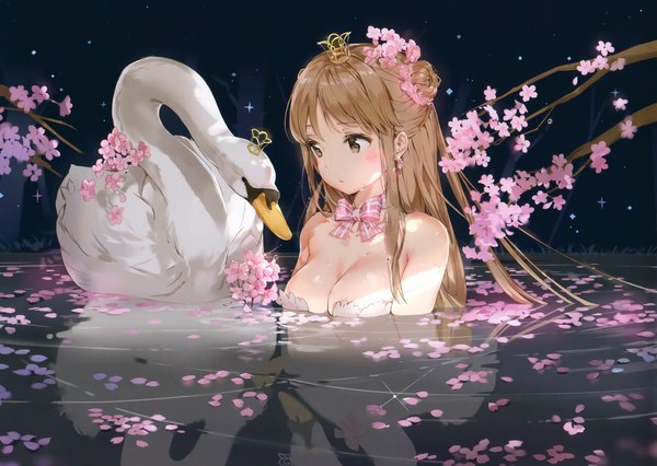 Anime picture 3890x2763 with original anmi single long hair blush fringe highres breasts light erotic brown hair large breasts bare shoulders brown eyes payot absurdres cleavage upper body hair flower night sparkle