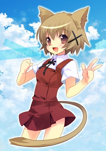 Anime picture 726x1032 with hidamari sketch shaft (studio) yuno ech single tall image short hair open mouth brown hair brown eyes animal ears sky cloud (clouds) tail animal tail cat ears cat tail victory summer girl