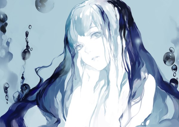 Anime picture 1748x1240 with original noir (ibaraki) single long hair highres blue hair blue background pale skin girl water drop