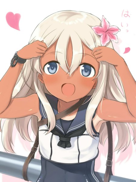 Anime picture 899x1200 with kantai collection ro-500 submarine u-511 submarine engiyoshi single long hair tall image looking at viewer open mouth blue eyes simple background hair between eyes white background bare shoulders silver hair upper body hair flower dark skin tan tan lines