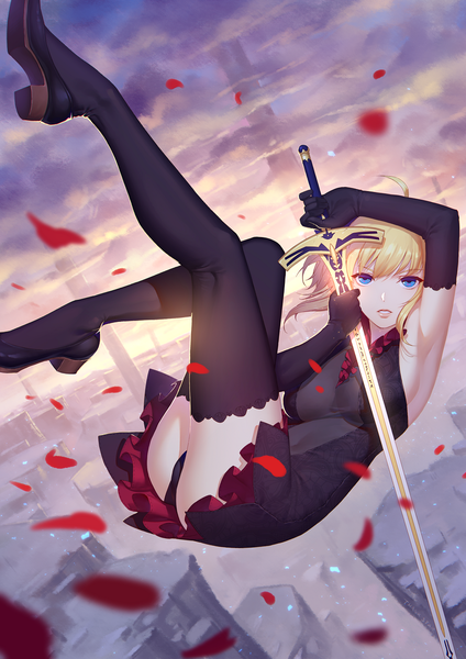 Anime picture 992x1403 with fate (series) fate/stay night artoria pendragon (all) saber daye bie qia lian single tall image short hair blue eyes light erotic blonde hair girl thighhighs dress gloves underwear panties weapon black thighhighs petals