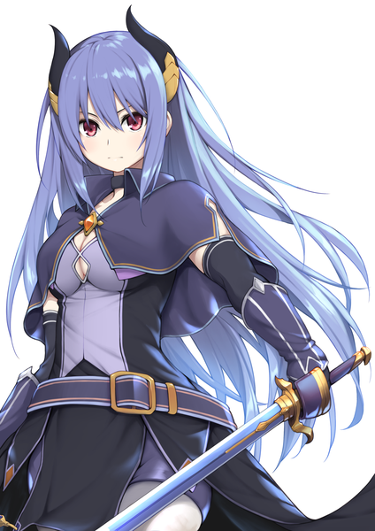 Anime picture 1191x1684 with princess connect! re:dive princess connect! rei (princess connect!) ribucci single long hair tall image looking at viewer fringe simple background hair between eyes red eyes white background blue hair horn (horns) girl weapon sword