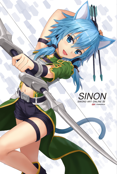 Anime picture 700x1040 with sword art online a-1 pictures asada shino npcpepper single long hair tall image blush fringe open mouth blue eyes twintails holding animal ears blue hair bent knee (knees) head tilt arm up bare belly copyright name