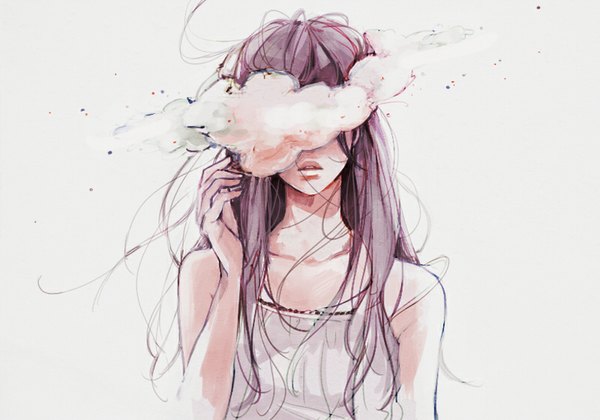 Anime picture 800x560 with original tae (artist) single long hair simple background purple hair cloud (clouds) parted lips wind grey background portrait messy hair girl dress white dress sundress