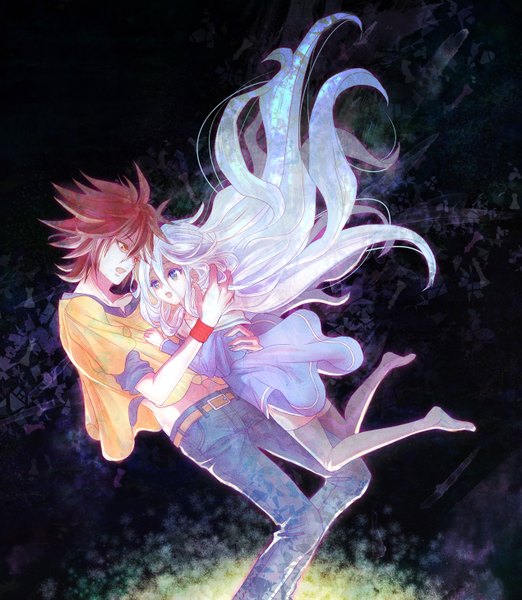 Anime picture 1269x1458 with no game no life madhouse shiro (no game no life) sora (no game no life) akamimi long hair tall image fringe short hair open mouth blue eyes hair between eyes silver hair bent knee (knees) red hair zettai ryouiki hug surprised spiked hair girl