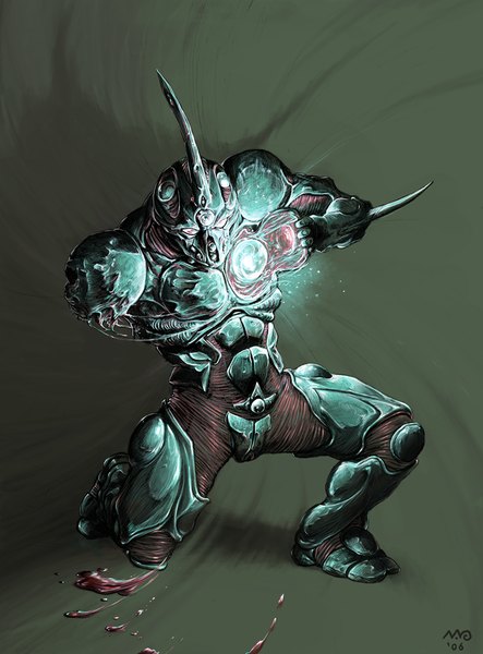 Anime picture 799x1080 with guyver guyver i single tall image simple background horn (horns) grey background kneeling boy weapon sword armor blood