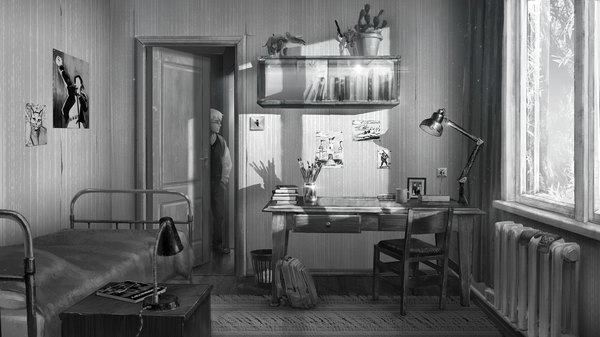 Anime picture 1920x1080 with tiny bunny anton (tiny bunny) saikono single highres short hair wide image looking away game cg sunlight realistic shadow monochrome boy plant (plants) shirt glasses window book (books) bed