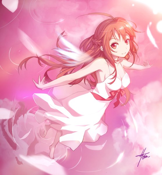 Anime picture 1300x1400 with sword art online a-1 pictures yuuki asuna ha-gha single long hair tall image looking at viewer fringe breasts smile signed ahoge barefoot from above orange hair orange eyes alternate costume walking girl