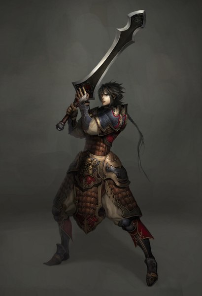 Anime picture 1095x1600 with atlantica online single long hair tall image black hair simple background boy weapon sword armor