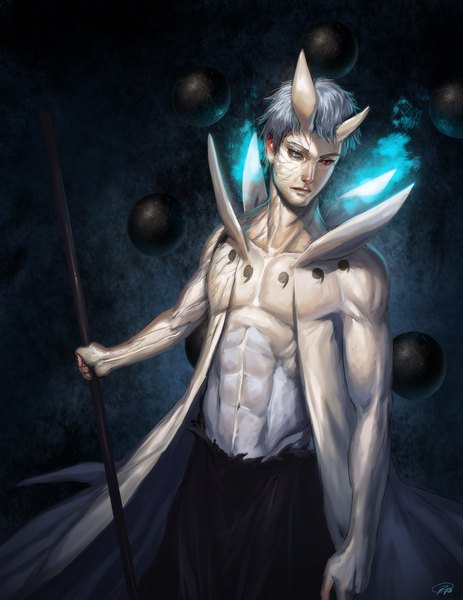 Anime picture 773x1000 with naruto studio pierrot naruto (series) uchiha obito roggles single tall image short hair blue eyes red eyes signed horn (horns) grey hair heterochromia torn clothes pale skin muscle crack boy navel