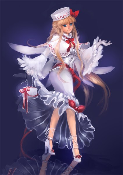 Anime picture 800x1134 with touhou lily white sheryth (artist) single long hair tall image fringe blue eyes white background holding lips high heels alternate costume legs reflection girl gloves bow ribbon (ribbons) hat