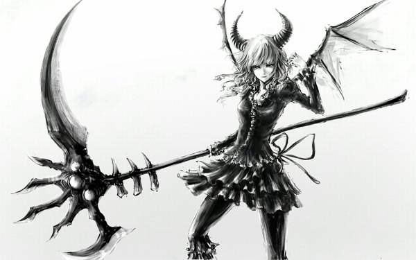 Anime picture 1680x1050 with black rock shooter dead master marimo ouji (artist) single long hair looking at viewer simple background smile wide image white background horn (horns) monochrome girl dress weapon wings scythe