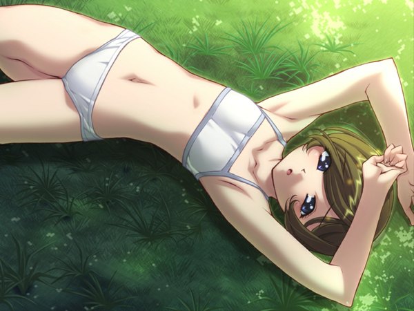 Anime picture 1024x768 with ino single short hair blue eyes light erotic brown hair bare shoulders bent knee (knees) lying bare belly bare legs armpit (armpits) on back underwear only flat chest arms behind head girl navel underwear panties