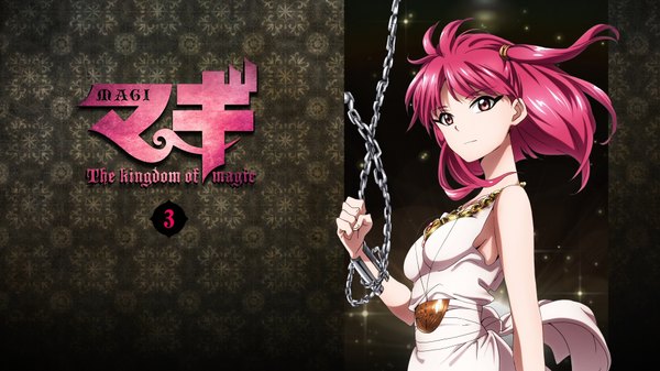 Anime picture 1920x1080 with magi the labyrinth of magic a-1 pictures morgiana single looking at viewer fringe highres short hair wide image pink hair pink eyes inscription wallpaper one side up girl bracelet pendant chain jewelry