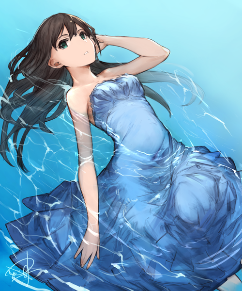 Anime picture 1500x1800 with idolmaster idolmaster cinderella girls shibuya rin yashigaras single long hair tall image looking at viewer breasts brown hair bare shoulders green eyes signed parted lips on back sleeveless partially submerged adjusting hair afloat girl