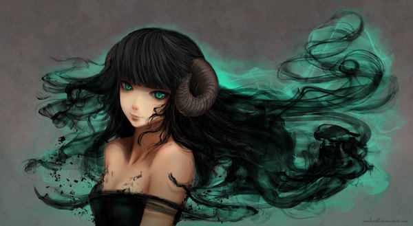 Anime picture 3100x1700 with original ximbixill single long hair looking at viewer highres black hair simple background wide image bare shoulders green eyes horn (horns) light smile grey background smoke girl