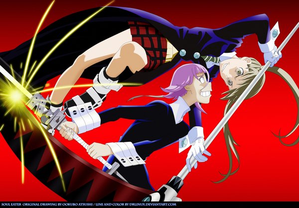 Anime picture 1920x1340 with soul eater studio bones maka albarn soul eater evans chrona (soul eater) drlinux long hair highres short hair twintails green eyes pink hair pleated skirt pink eyes green hair grin coloring red background battle gloves