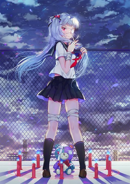 Anime picture 800x1132 with vocaloid hatsune miku dangmill single long hair tall image looking at viewer blush fringe smile red eyes standing twintails holding silver hair cloud (clouds) full body ahoge pleated skirt looking back