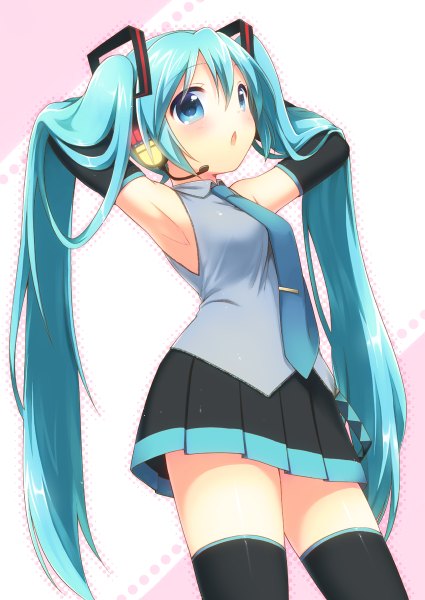 Anime picture 850x1200 with vocaloid hatsune miku usashiro mani single long hair tall image looking at viewer blush open mouth twintails aqua eyes aqua hair from below arms behind head singing girl thighhighs black thighhighs detached sleeves necktie