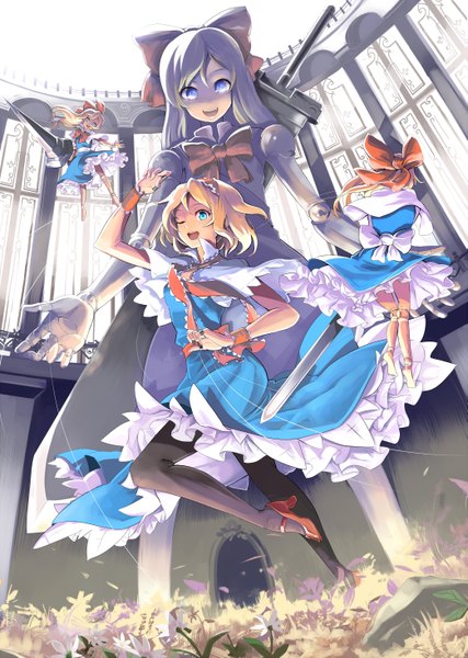 Anime picture 1043x1467 with touhou alice margatroid shanghai goliath doll emerane long hair tall image looking at viewer short hair open mouth blue eyes blonde hair multiple girls one eye closed barefoot wink high heels flying giant doll joints