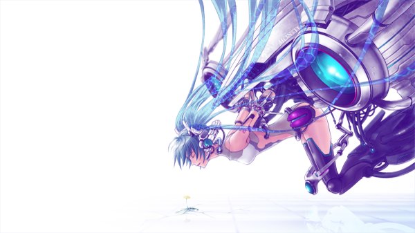 Anime picture 1200x675 with vocaloid hatsune miku shirano (artist) single long hair open mouth wide image white background twintails bare shoulders eyes closed aqua hair tattoo mechanical parts girl flower (flowers) belt headphones wire (wires) android