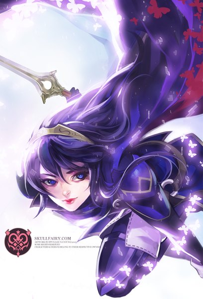 Anime picture 700x1029 with fire emblem fire emblem awakening lucina (fire emblem) ippus single long hair tall image looking at viewer fringe blue eyes white background holding purple hair bent knee (knees) from above wind lips inscription lipstick gradient background