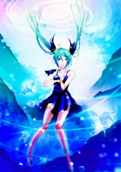 Anime picture 1792x2528 with vocaloid shinkai shoujo (vocaloid) hatsune miku mittsuan (artist) single long hair tall image highres twintails absurdres aqua eyes aqua hair underwater girl dress water