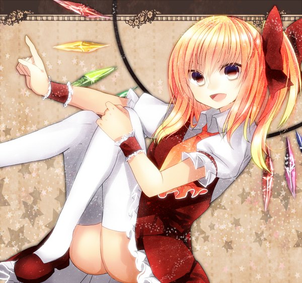 Anime picture 1400x1312 with touhou flandre scarlet tsukiriran single short hair open mouth light erotic blonde hair red eyes one side up girl thighhighs dress white thighhighs wings