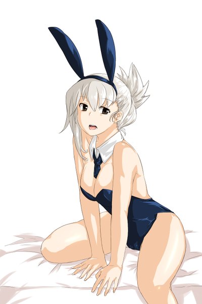 Anime picture 1000x1500 with league of legends riven (league of legends) battle bunny riven kaho single tall image short hair open mouth light erotic bare shoulders animal ears silver hair black eyes bunny ears girl necktie tongue bunnysuit