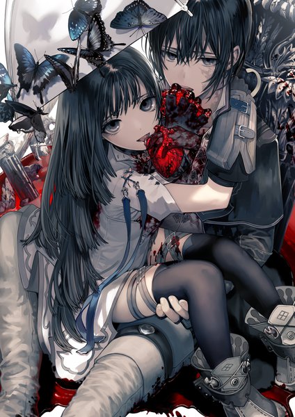 Anime picture 2893x4092 with isekai meikyuu no saishinbu wo mezasou ukai saki long hair tall image looking at viewer highres short hair open mouth black hair black eyes couple girl thighhighs boy black thighhighs boots heart insect butterfly blood