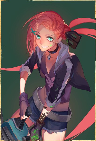 Anime picture 2031x2952 with league of legends jinx (league of legends) dj.adonis single long hair tall image looking at viewer highres simple background smile pink hair bent knee (knees) aqua eyes open jacket teeth hair bun (hair buns) tattoo framed clenched teeth green background