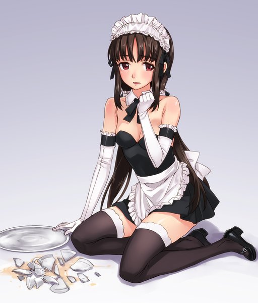 Anime picture 1025x1200 with shoujo material matsuryuu single long hair tall image looking at viewer blush simple background red eyes brown hair sitting bare shoulders cleavage maid sleeveless gradient background broken girl thighhighs dress