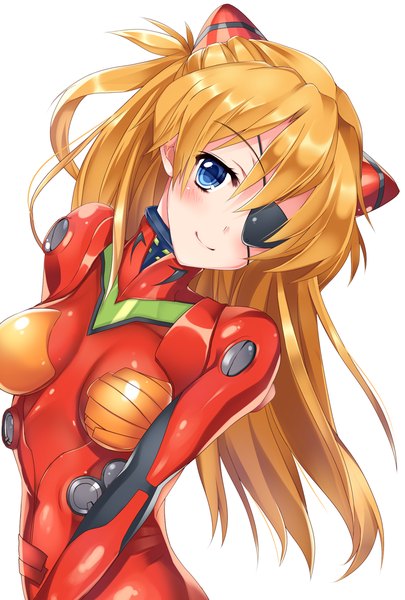 Anime picture 770x1140 with neon genesis evangelion gainax soryu asuka langley shikinami asuka langley kaniya shiku single long hair tall image looking at viewer blush blue eyes light erotic blonde hair smile white background covered navel girl hair ornament bodysuit eyepatch