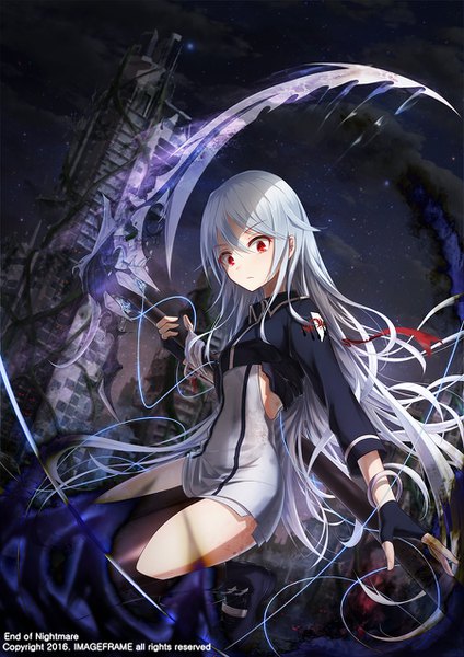 Anime picture 900x1272 with original bae.c single long hair tall image fringe hair between eyes red eyes holding night from below night sky looking down flying girl gloves weapon black gloves boots bracelet