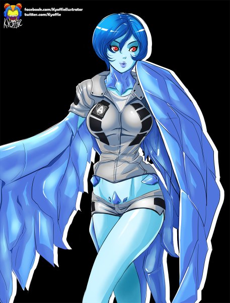 Anime picture 914x1200 with league of legends anivia (league of legends) kyoffie12 single tall image fringe short hair light erotic simple background red eyes blue hair looking away lips legs groin black background blue skin girl wings shorts