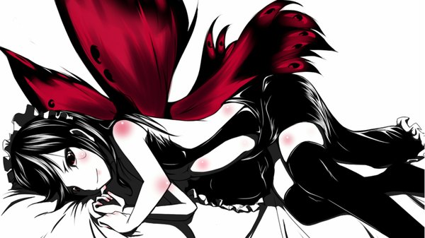 Anime picture 1920x1080 with accel world sunrise (studio) kuroyukihime single long hair fringe highres black hair smile red eyes wide image lying insect wings butterfly wings polychromatic high contrast girl thighhighs black thighhighs wings