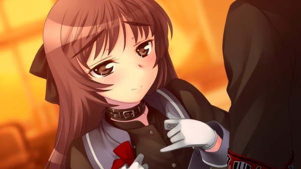 Anime picture 1280x720 with mangusta long hair brown hair wide image brown eyes game cg girl uniform school uniform collar