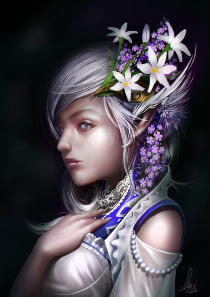 Anime picture 1414x2000 with joinjump long hair tall image blue eyes silver hair hair flower lips pointy ears realistic black background girl dress hair ornament beads