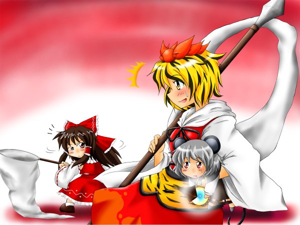 Anime picture 1200x900 with touhou hakurei reimu nazrin toramaru shou short hair blonde hair red eyes brown hair animal ears yellow eyes tail multicolored hair grey hair streaked hair mouse ears mouse tail girl hair ornament bow detached sleeves