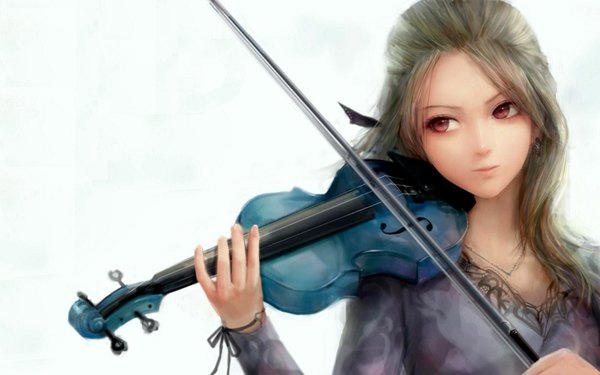Anime picture 1920x1200 with original misshu single long hair highres simple background blonde hair red eyes brown hair wide image white background pink eyes realistic girl dress earrings jewelry musical instrument violin bow (instrument)