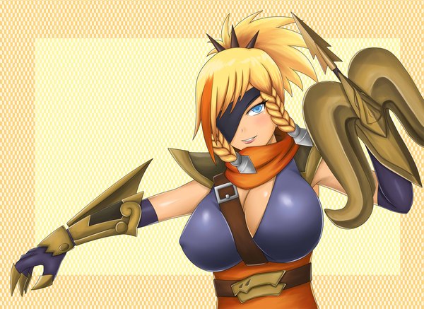 Anime picture 2059x1500 with league of legends quinn (league of legends) shiniao single looking at viewer blush highres short hair breasts blue eyes light erotic simple background blonde hair upper body light smile huge breasts girl weapon eyepatch crossbow