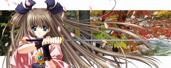 Anime picture 2560x1024 with push!! carnelian single long hair looking at viewer fringe highres blue eyes brown hair wide image holding third-party edit serious photo background girl hair ornament weapon plant (plants) petals sword