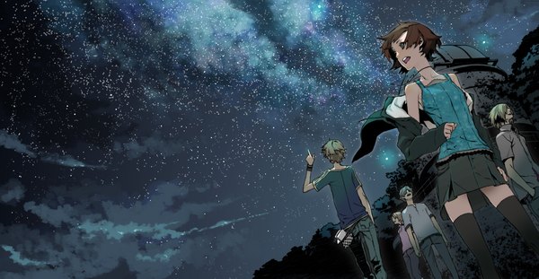 Anime picture 2215x1149 with original miwa shirow highres short hair open mouth blonde hair brown hair wide image bare shoulders brown eyes sky cloud (clouds) profile night sky back group landscape scenic checkered casual