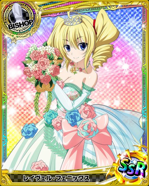 Anime picture 640x800 with highschool dxd ravel phenex single long hair tall image looking at viewer blonde hair smile twintails drill hair card (medium) girl dress gloves flower (flowers) elbow gloves tiara bouquet wedding dress